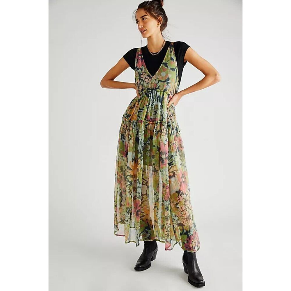 Free People Julianna Maxi Dress Green Misty Combo Large L NEW - Picture 1 of 5